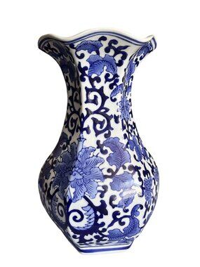 Vintage Seymour Mann Blue White Scroll Leaf Butterfly Pattern Porcelain Vase 12"